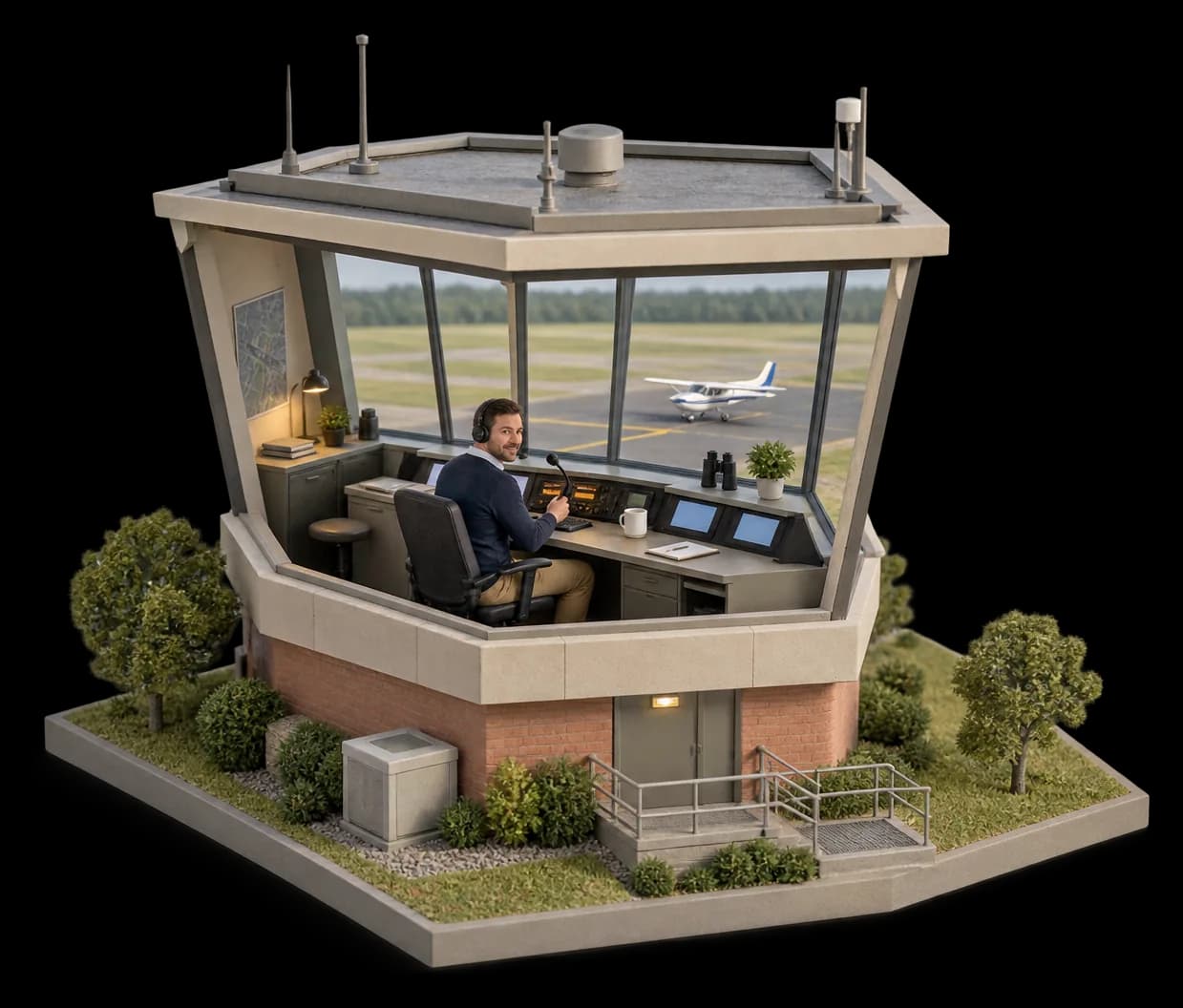 A miniature control tower cab: a smiling controller in a headset turns from the radio console, a trainer taxiing outside.
